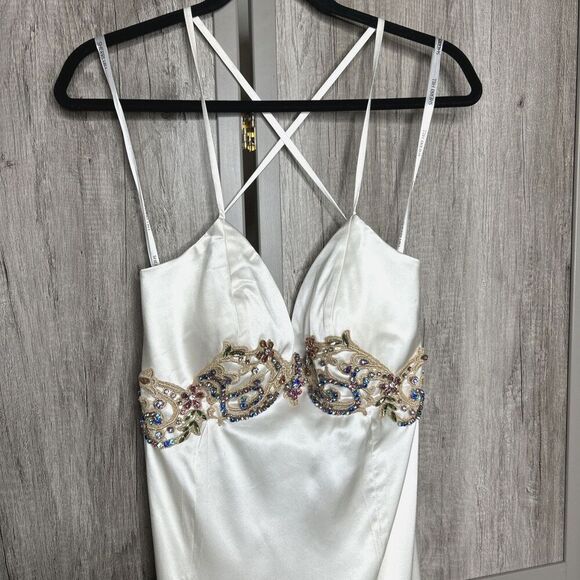 Sherri Hill Silk Ivory Formal Dress Jeweled Open Back Train Size 10 Altered - Picture 2 of 16